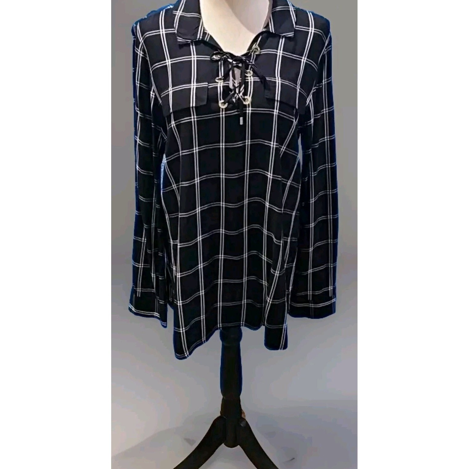 Calvin Klein Top Tunic Black Window Pane Print Lace-Up Med Gold Buttons 21d